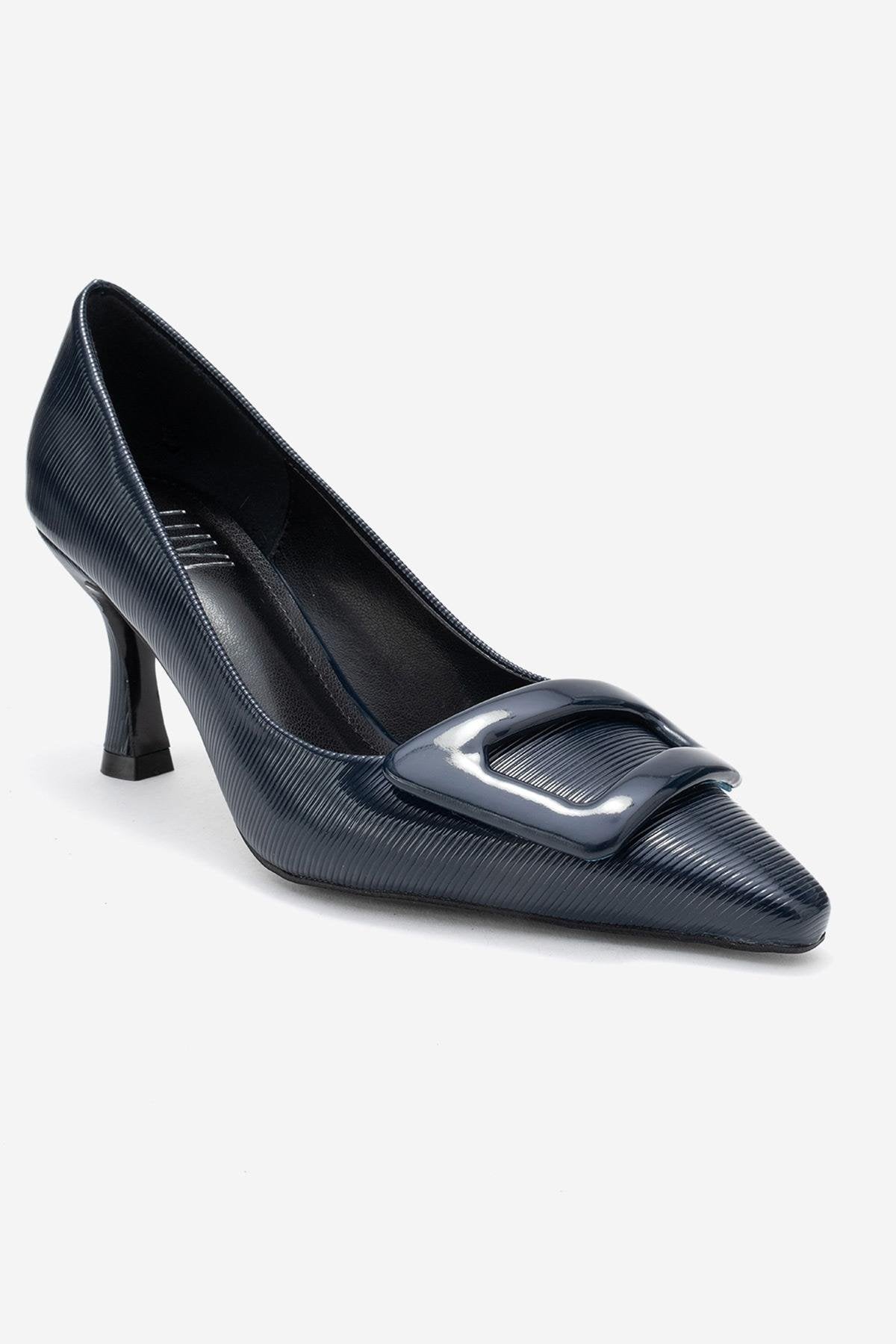 Astra - Navy Striped Buckle Pump – detail view showing leather, red, Vowalisse