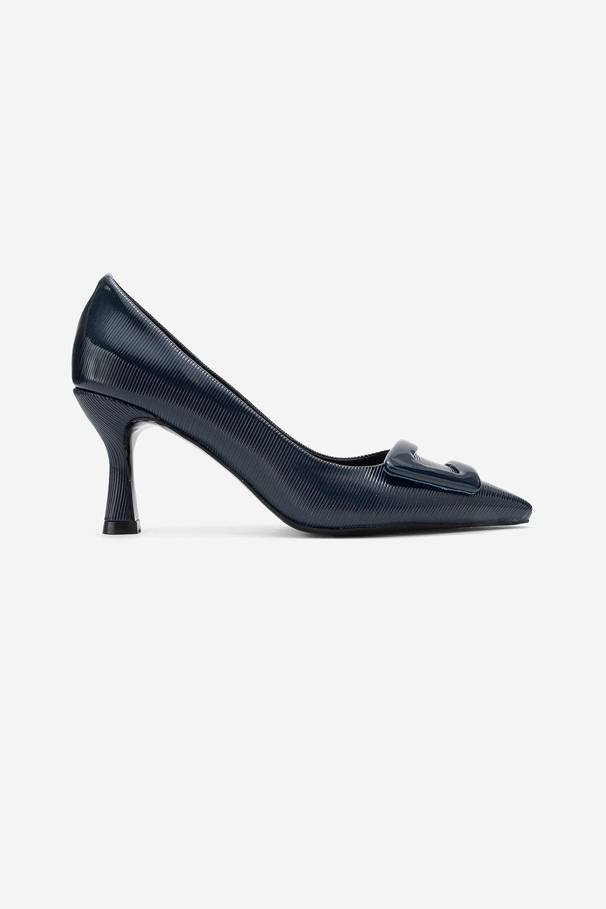 Astra - Navy Striped Buckle Pump – top view showing leather, red, Vowalisse