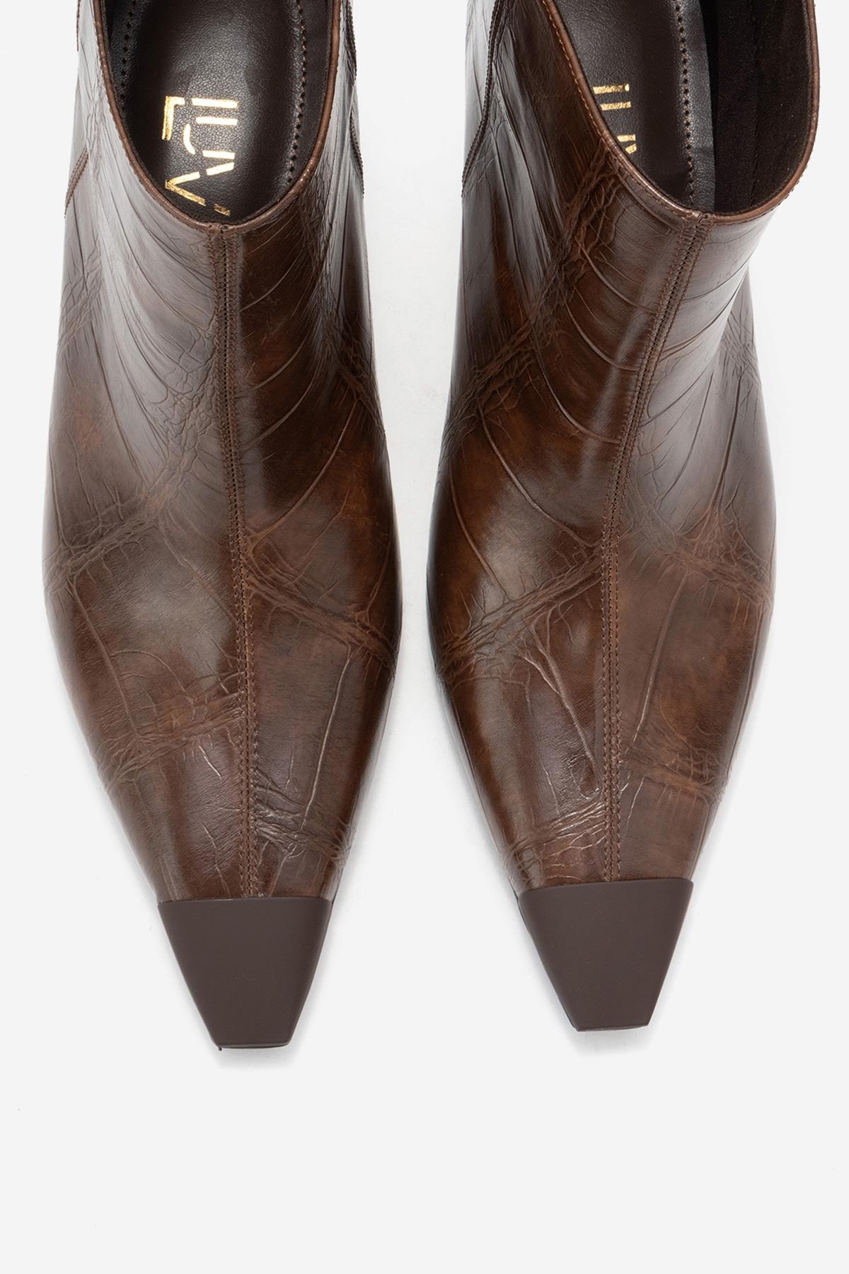 Rassel - Brown Croc-Print Pointed Toe Slim Heel Boot – side view showing leather, Vowalisse