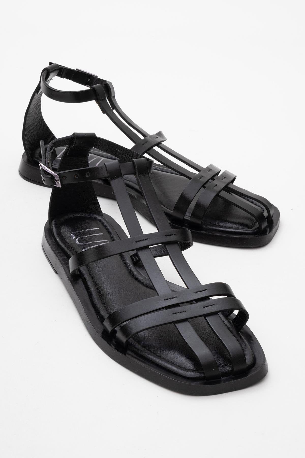 Odeil - Black Leather Sandal – front three-quarter view showing leather, black, Vowalisse