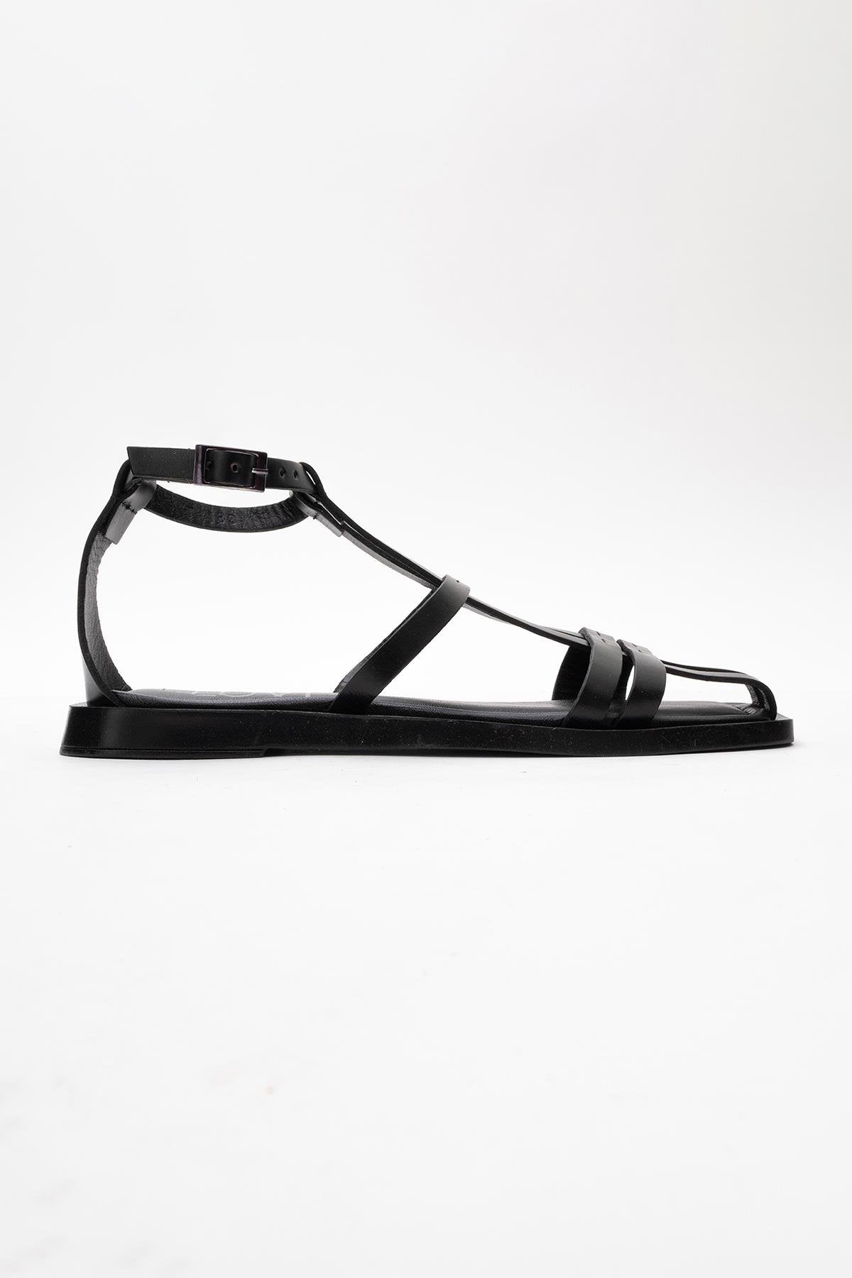 Odeil - Black Leather Sandal – top view showing leather, black, Vowalisse