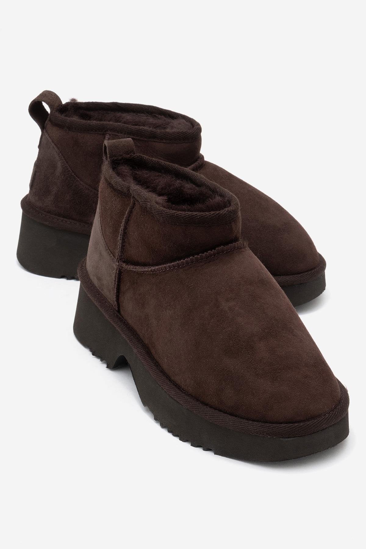 Ary - Brown Suede Fur-Lined Genuine Leather Platform Ankle Boot – front three-quarter view showing leather, suede…