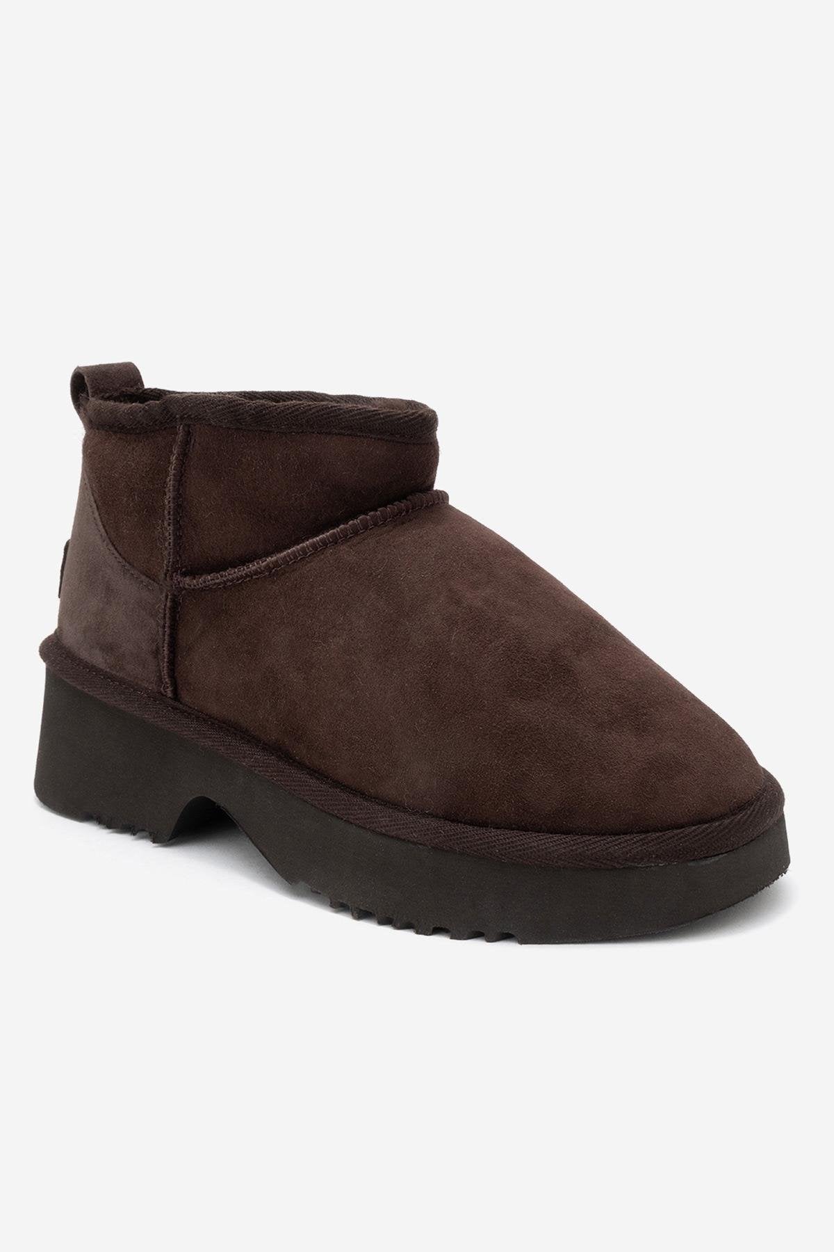 Ary - Brown Suede Fur-Lined Genuine Leather Platform Ankle Boot – detail view showing leather, suede, Vowalisse