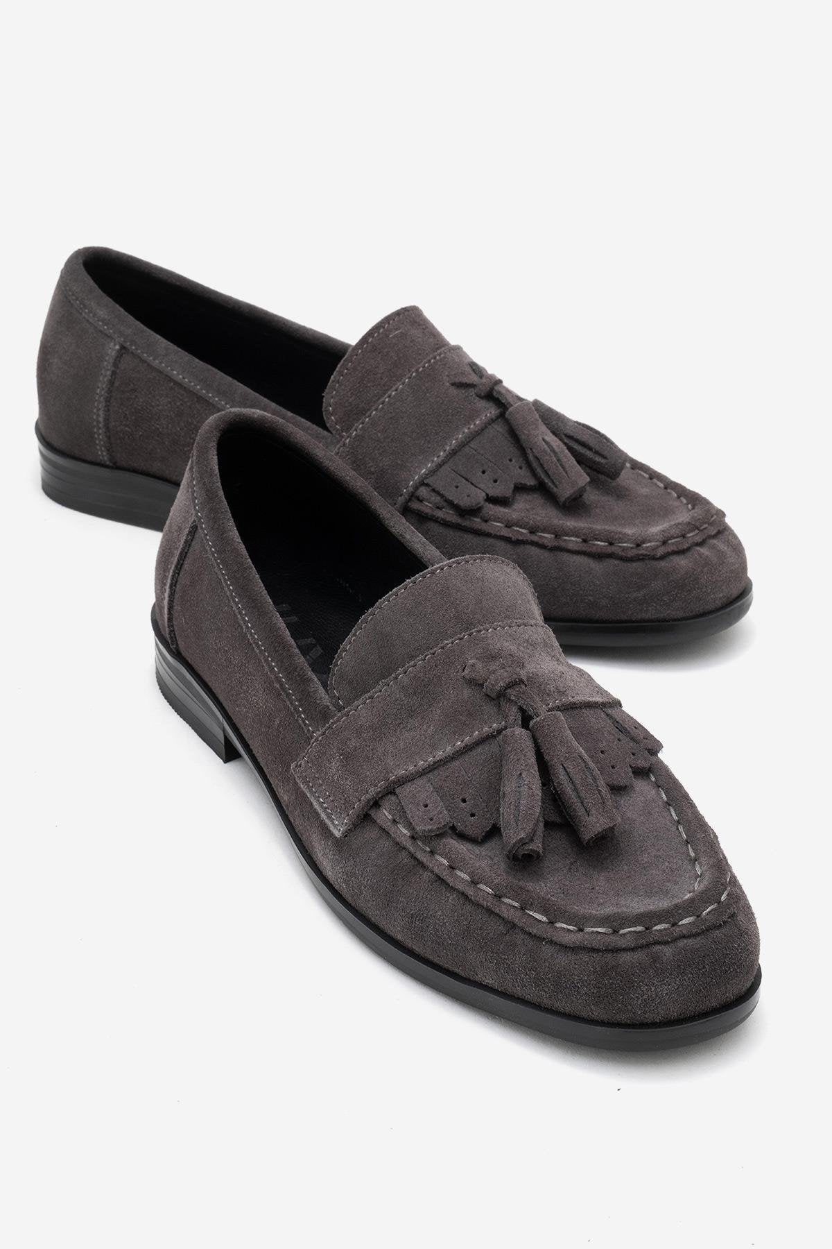 Lupen - Grey Suede Tassel Genuine Leather Loafer – front three-quarter view showing leather, suede, Vowalisse