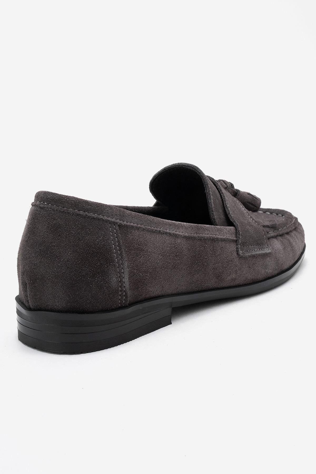 Lupen - Grey Suede Tassel Genuine Leather Loafer – back view showing leather, suede, Vowalisse