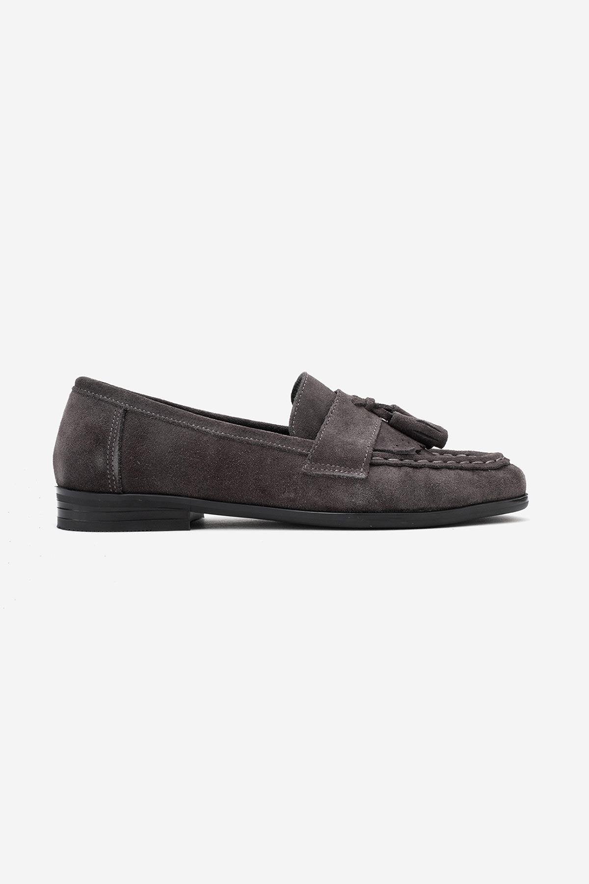 Lupen - Grey Suede Tassel Genuine Leather Loafer – top view showing leather, suede, Vowalisse