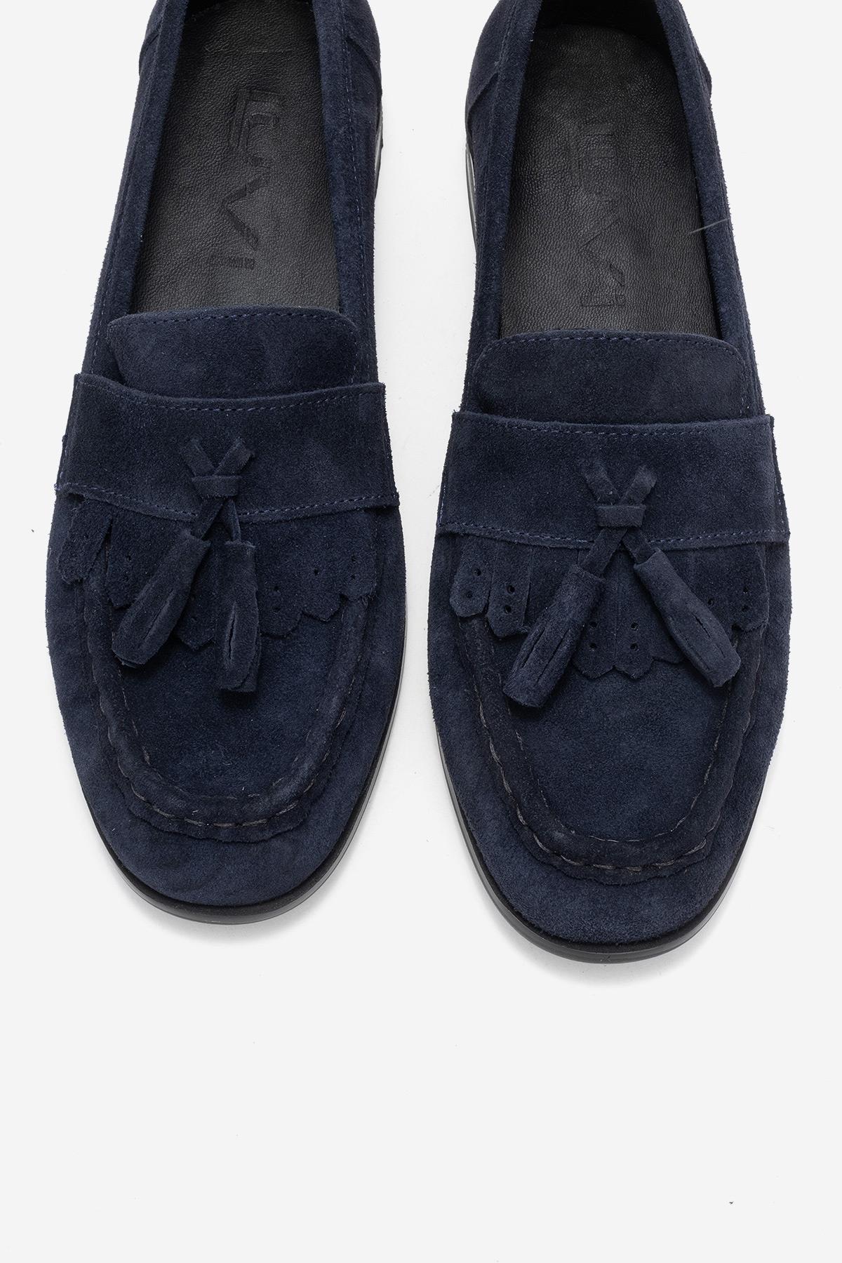 Lupen - Navy Suede Tassel Genuine Leather Loafer – side view showing leather, suede, Vowalisse