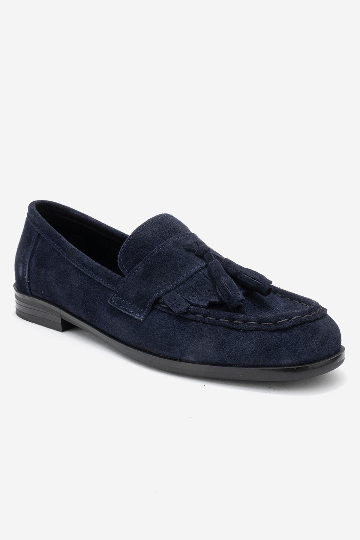 Lupen - Navy Suede Tassel Genuine Leather Loafer – detail view showing leather, suede, Vowalisse