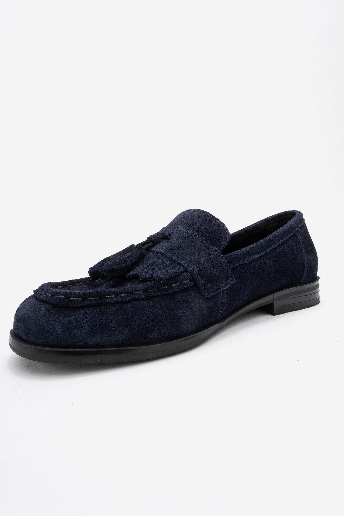Lupen - Navy Suede Tassel Genuine Leather Loafer – heel view showing leather, suede, Vowalisse