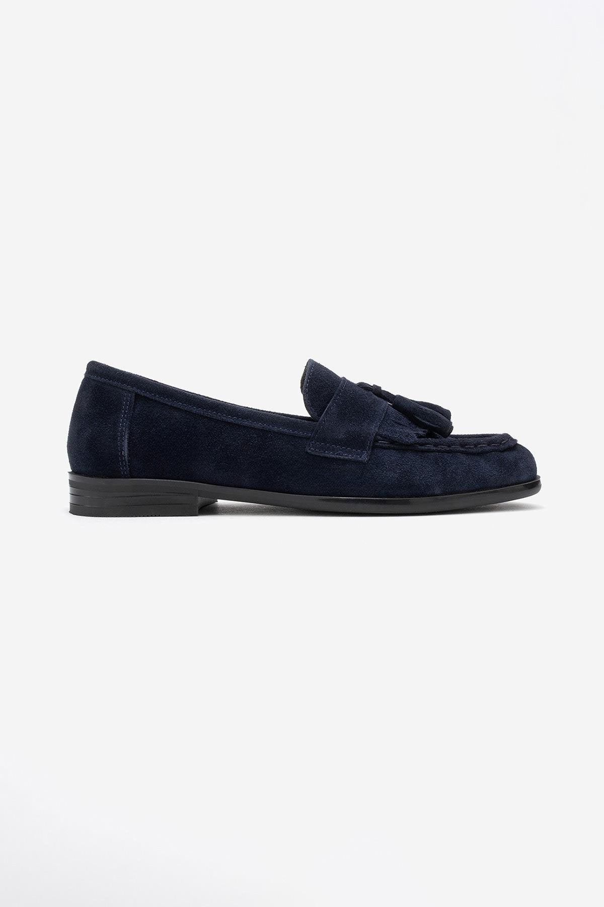 Lupen - Navy Suede Tassel Genuine Leather Loafer – top view showing leather, suede, Vowalisse