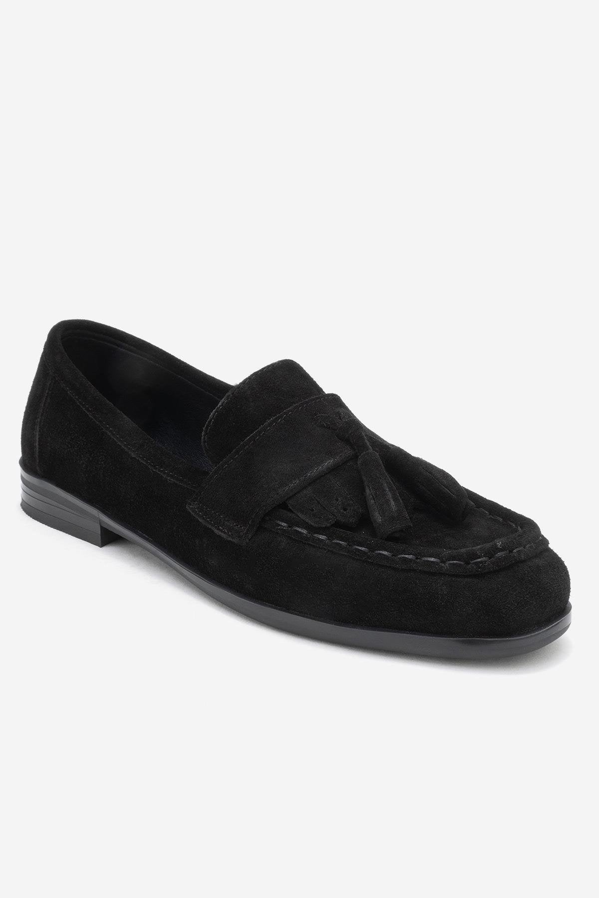 Lupen - Black Suede Tassel Genuine Leather Loafer – detail view showing leather, suede, black, Vowalisse