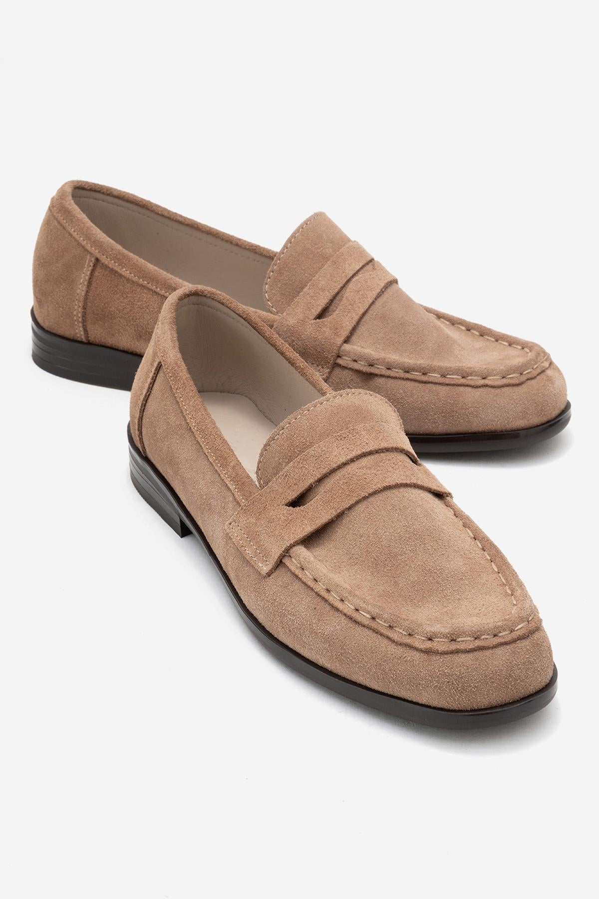 Valia - Taupe Suede Genuine Leather Loafer – front three-quarter view showing leather, suede, Vowalisse