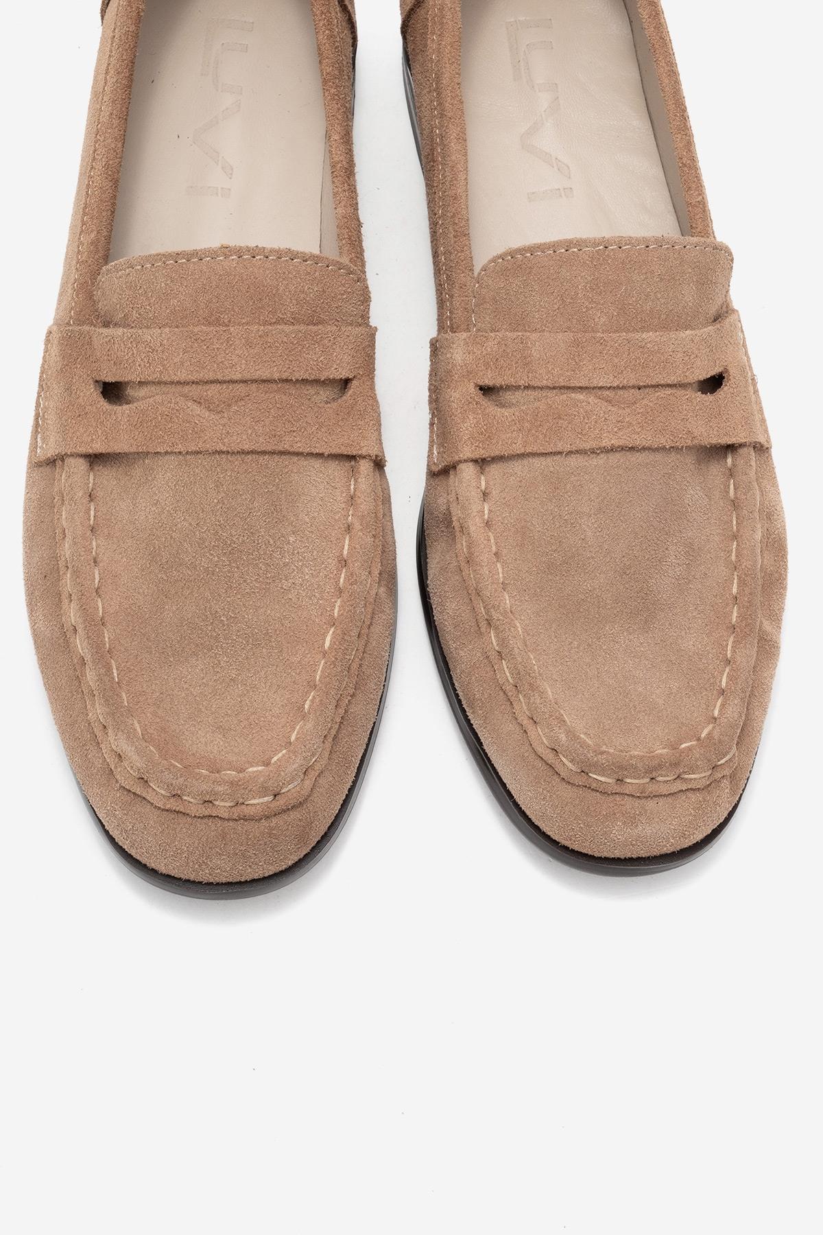 Valia - Taupe Suede Genuine Leather Loafer – side view showing leather, suede, Vowalisse