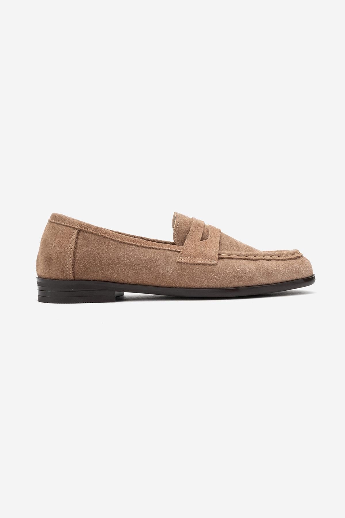 Valia - Taupe Suede Genuine Leather Loafer – top view showing leather, suede, Vowalisse