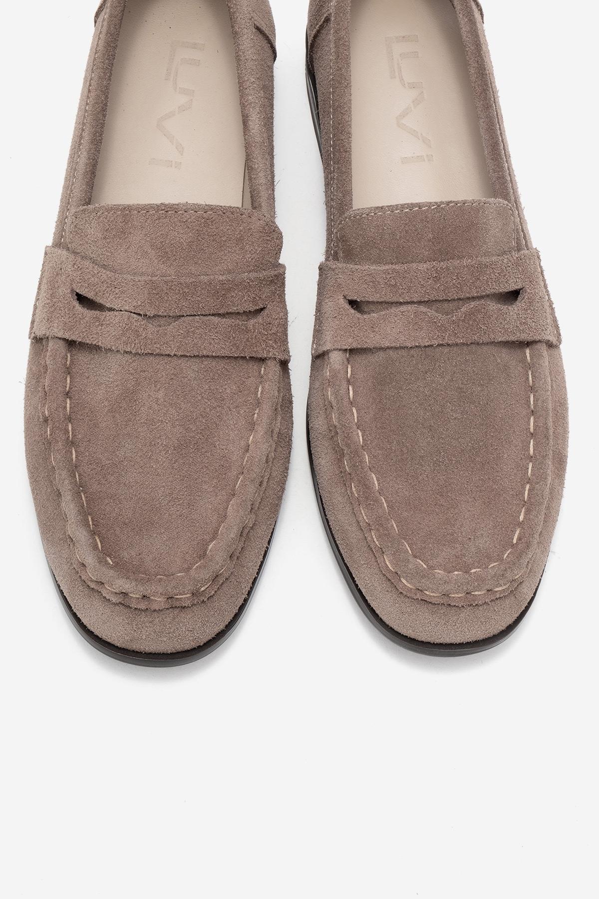 Valia - Taupe Suede Genuine Leather Loafer – side view showing leather, suede, Vowalisse