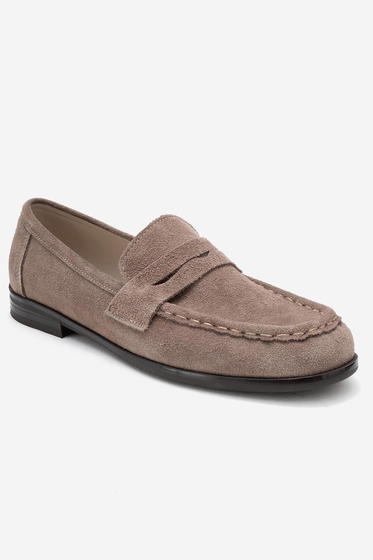 Valia - Taupe Suede Genuine Leather Loafer – detail view showing leather, suede, Vowalisse