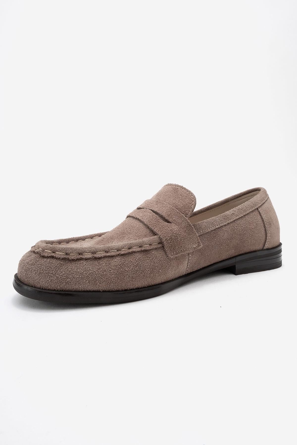 Valia - Taupe Suede Genuine Leather Loafer – heel view showing leather, suede, Vowalisse