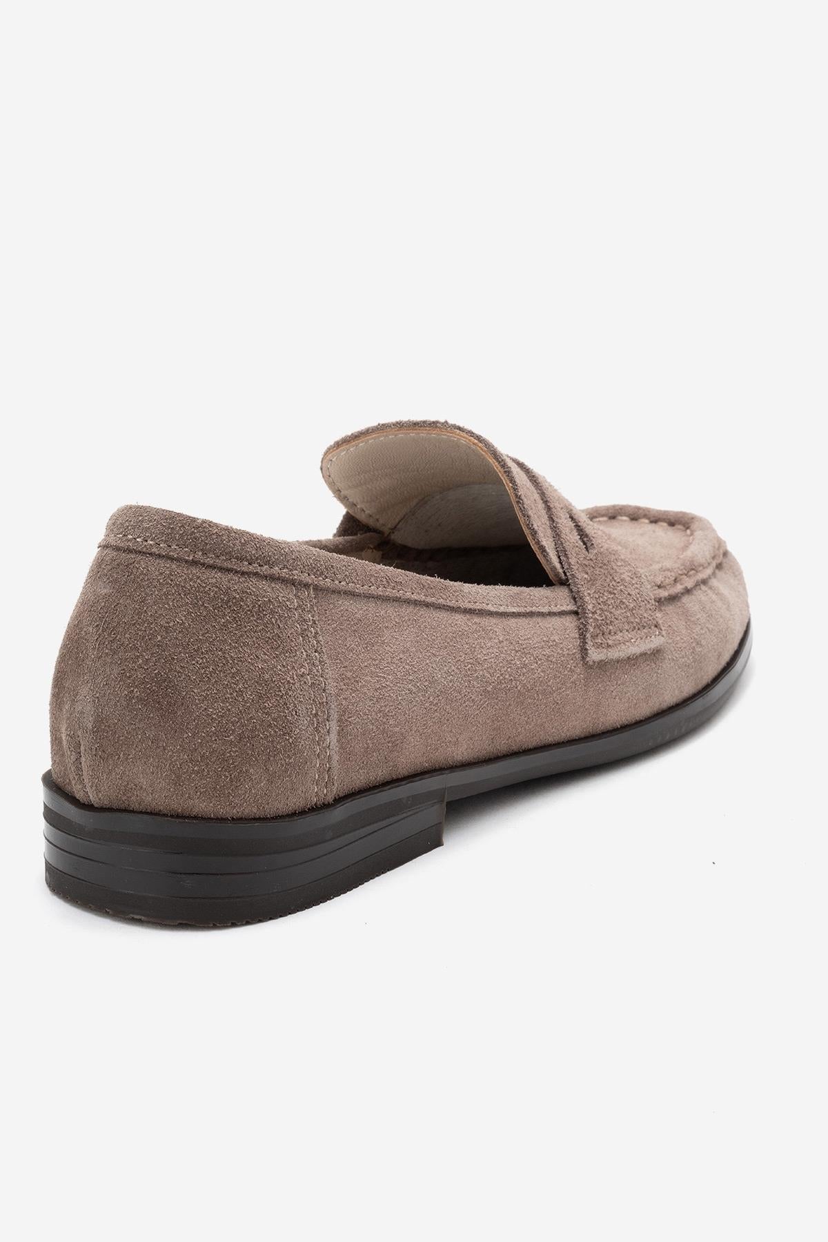 Valia - Taupe Suede Genuine Leather Loafer – back view showing leather, suede, Vowalisse
