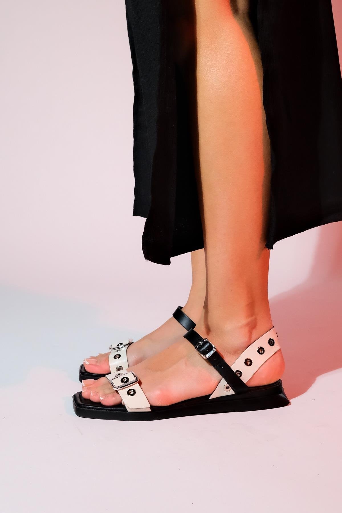 Mozes - Beige Black Leather Sandal – sole view showing leather, black, Vowalisse