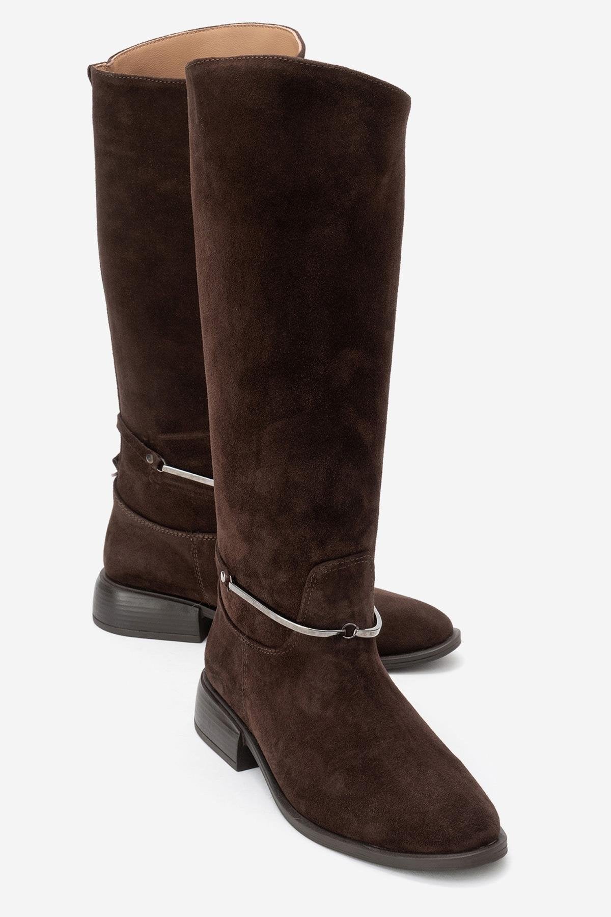 Ansel - Brown Suede Genuine Leather Ankle-Strap Riding Boot – front three-quarter view showing leather, suede, Vowalisse