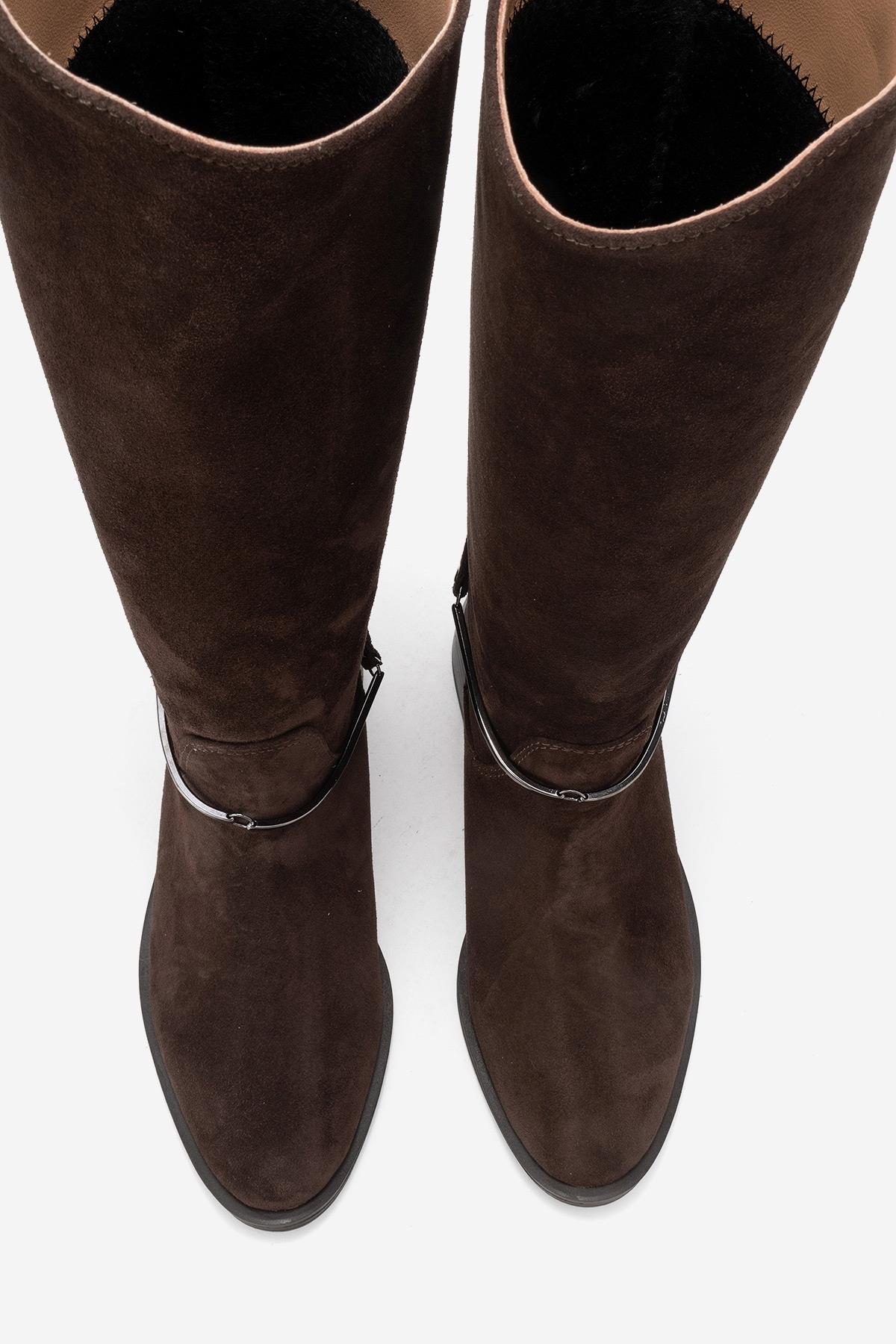 Ansel - Brown Suede Genuine Leather Ankle-Strap Riding Boot – side view showing leather, suede, Vowalisse