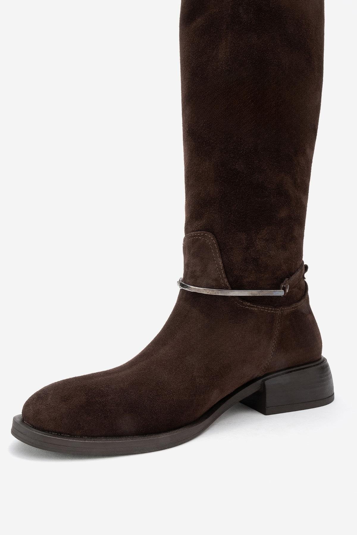 Ansel - Brown Suede Genuine Leather Ankle-Strap Riding Boot – heel view showing leather, suede, Vowalisse