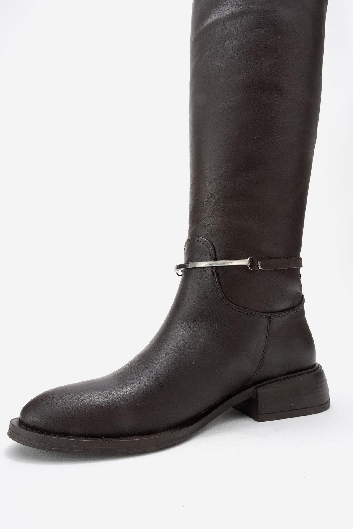 Ansel - Brown Genuine Leather Ankle-Strap Riding Boot – heel view showing leather, Vowalisse