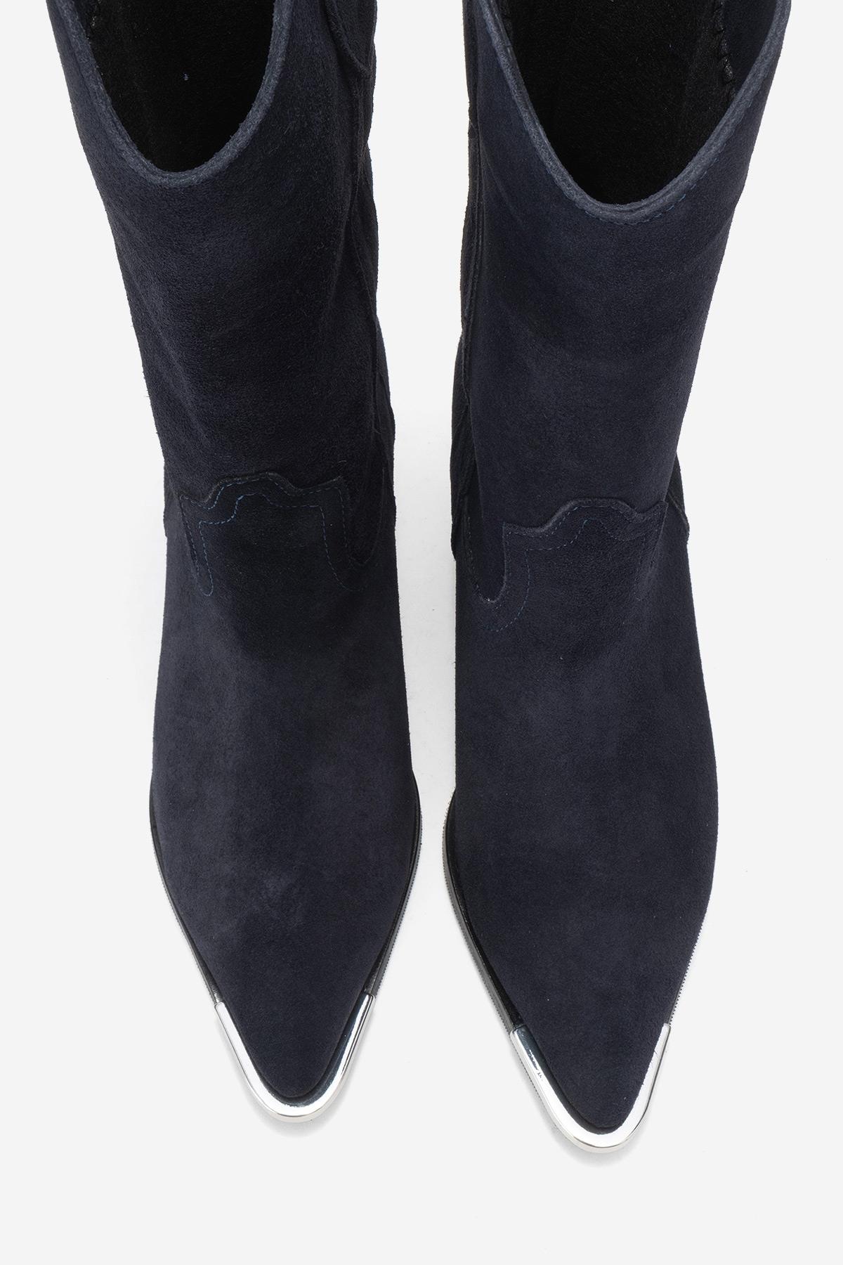 Alvi - Navy Suede Genuine Leather Western Boot – side view showing leather, suede, Vowalisse