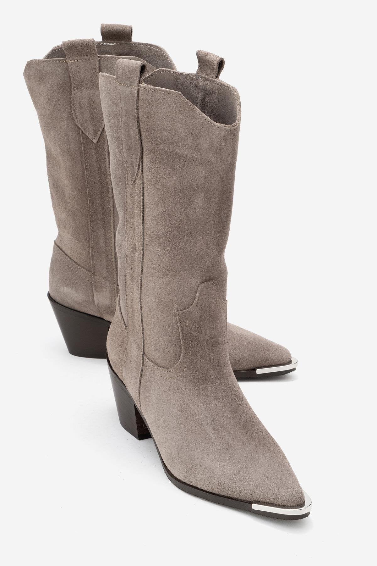 Alvi - Taupe Suede Genuine Leather Western Boot – front three-quarter view showing leather, suede, Vowalisse