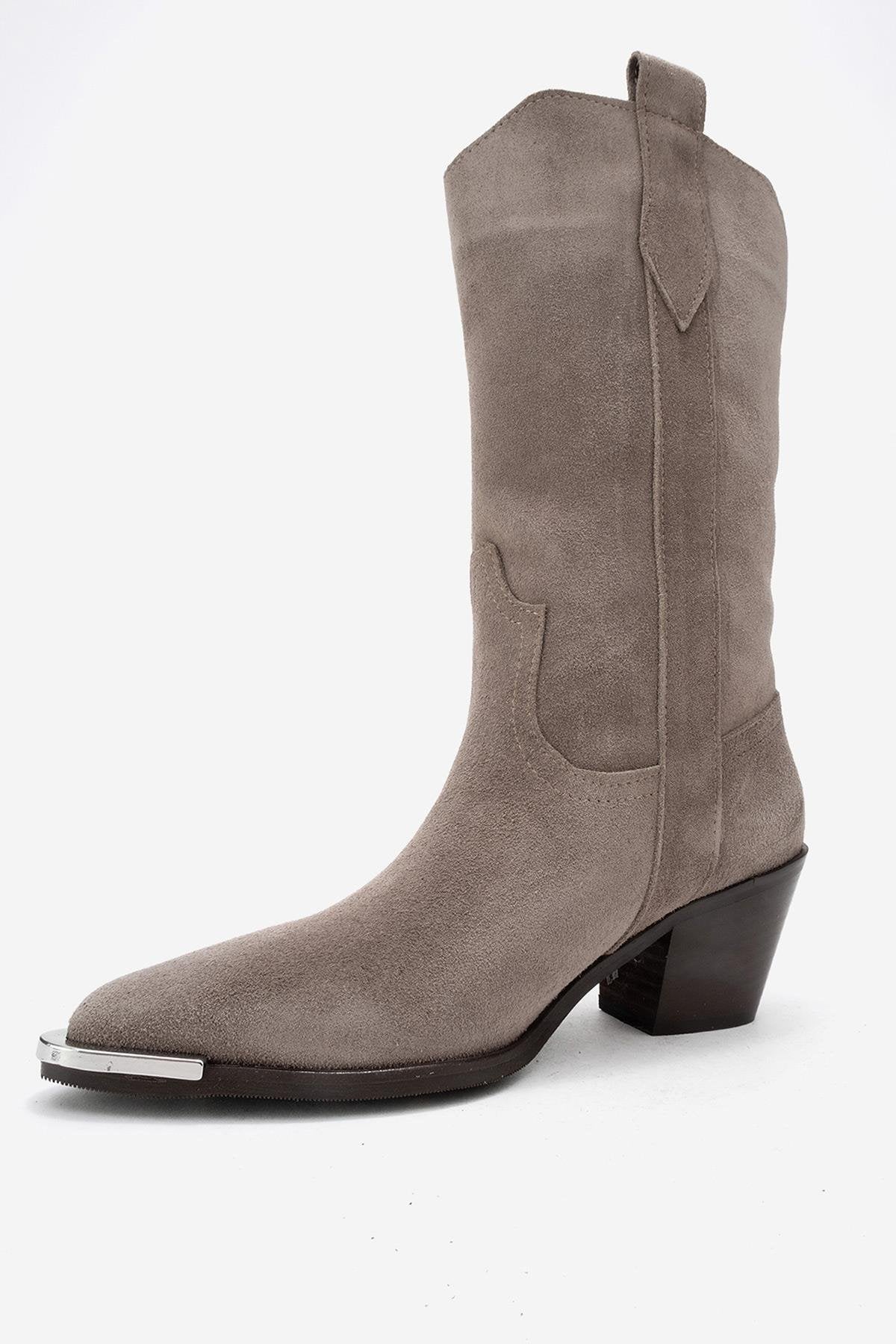 Alvi - Taupe Suede Genuine Leather Western Boot – heel view showing leather, suede, Vowalisse