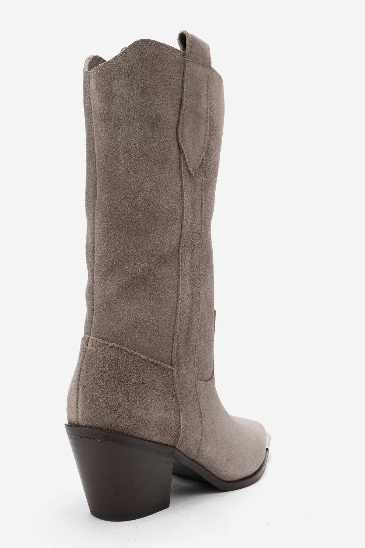 Alvi - Taupe Suede Genuine Leather Western Boot – back view showing leather, suede, Vowalisse
