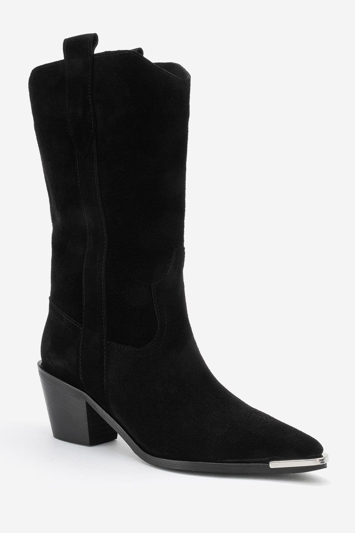 Alvi - Black Suede Genuine Leather Western Boot – detail view showing leather, suede, black, Vowalisse