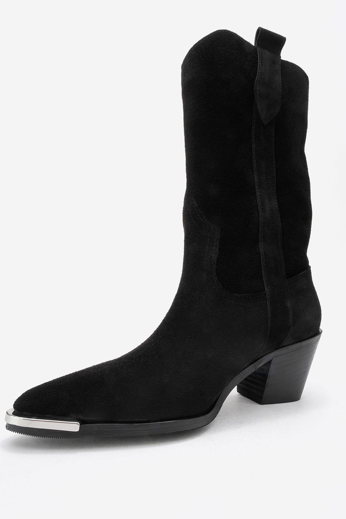 Alvi - Black Suede Genuine Leather Western Boot – heel view showing leather, suede, black, Vowalisse