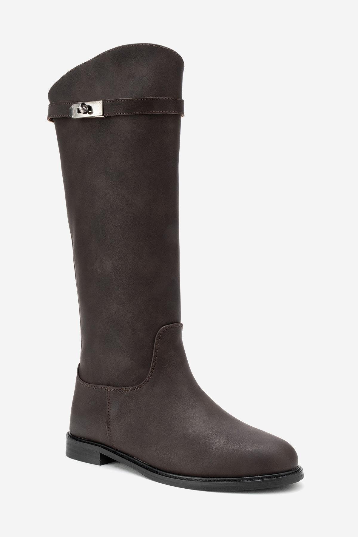 Yoko - Brown Nubuck Riding Boot – detail view showing leather, Vowalisse