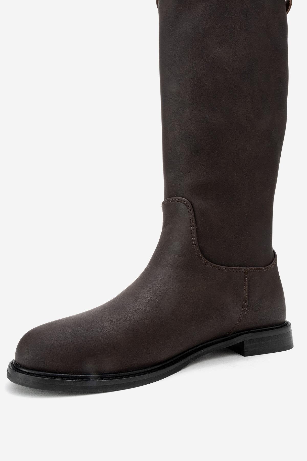 Yoko - Brown Nubuck Riding Boot – heel view showing leather, Vowalisse