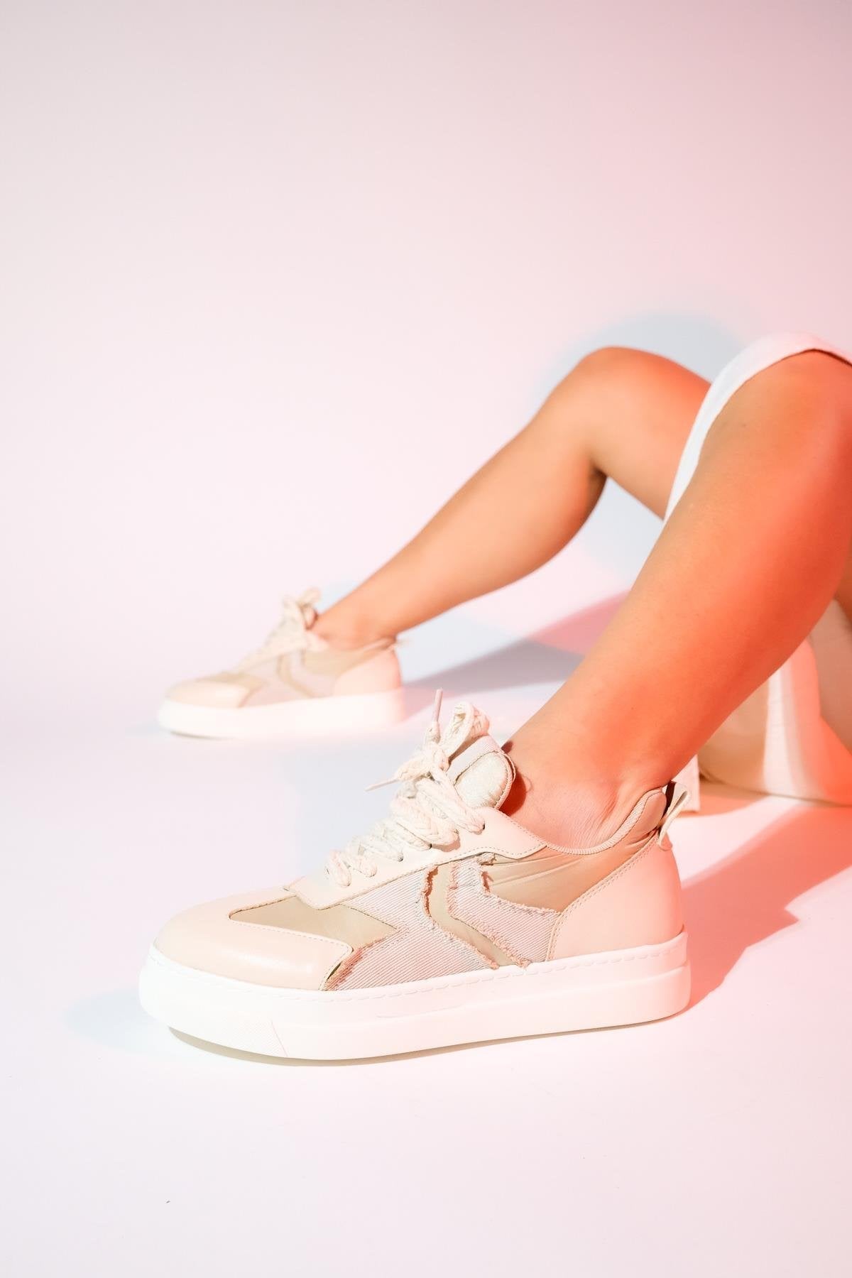 Sande - Beige Denim Detailed Sport Sneakers – back view showing leather, Vowalisse