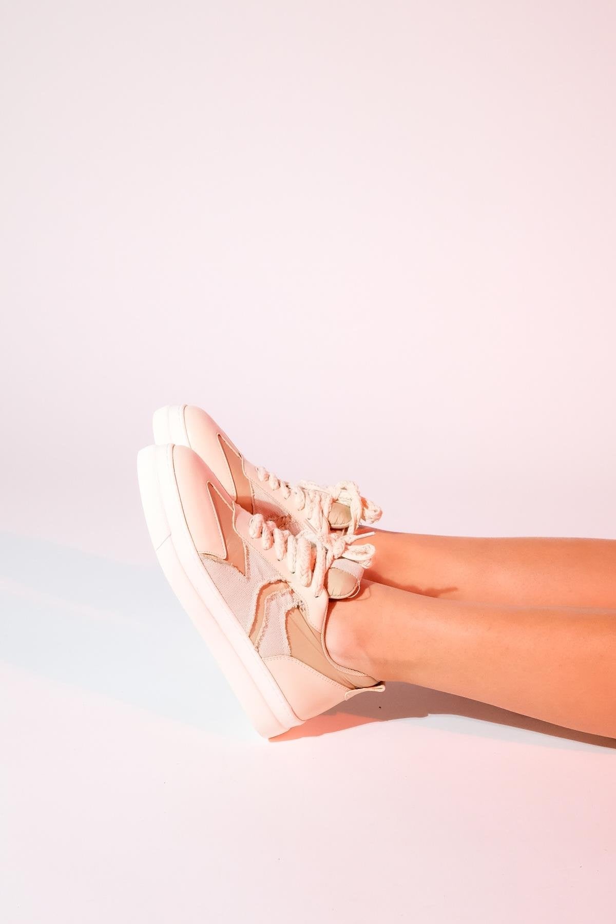 Sande - Beige Denim Detailed Sport Sneakers – sole view showing leather, Vowalisse