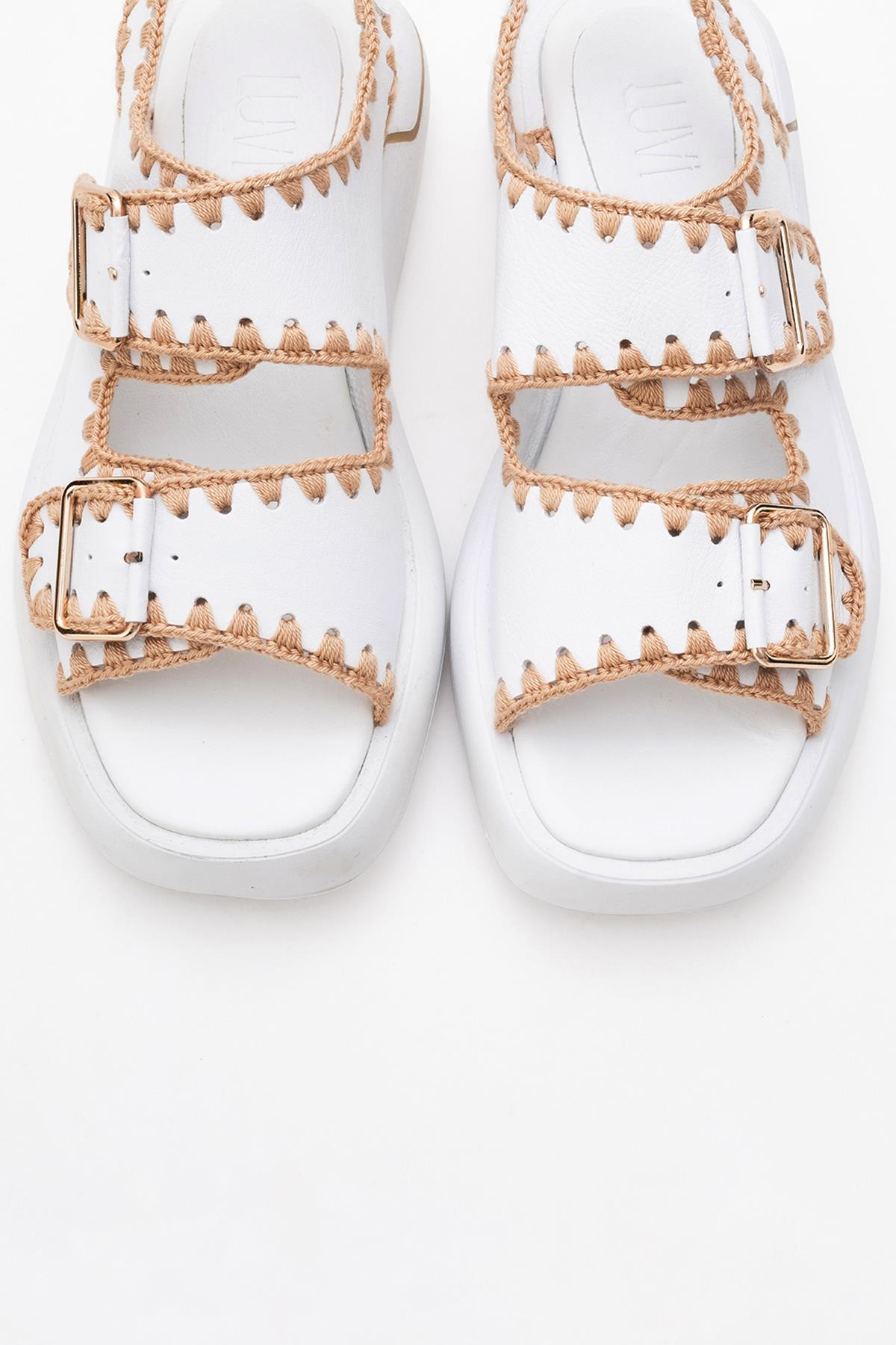 Douro - White Braided Rope Strap Leather Sandal – side view showing leather, white, Vowalisse
