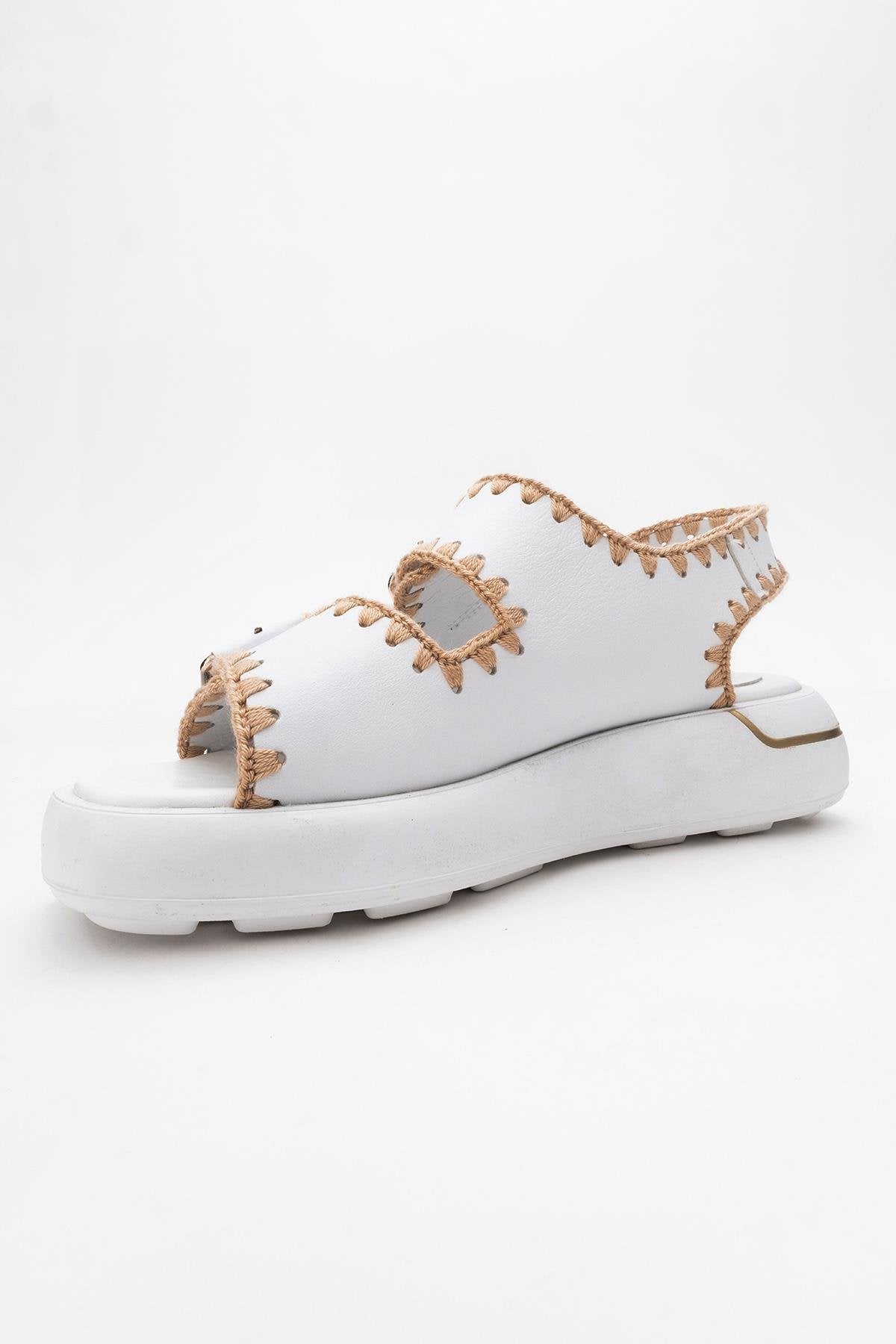 Douro - White Braided Rope Strap Leather Sandal – heel view showing leather, white, Vowalisse