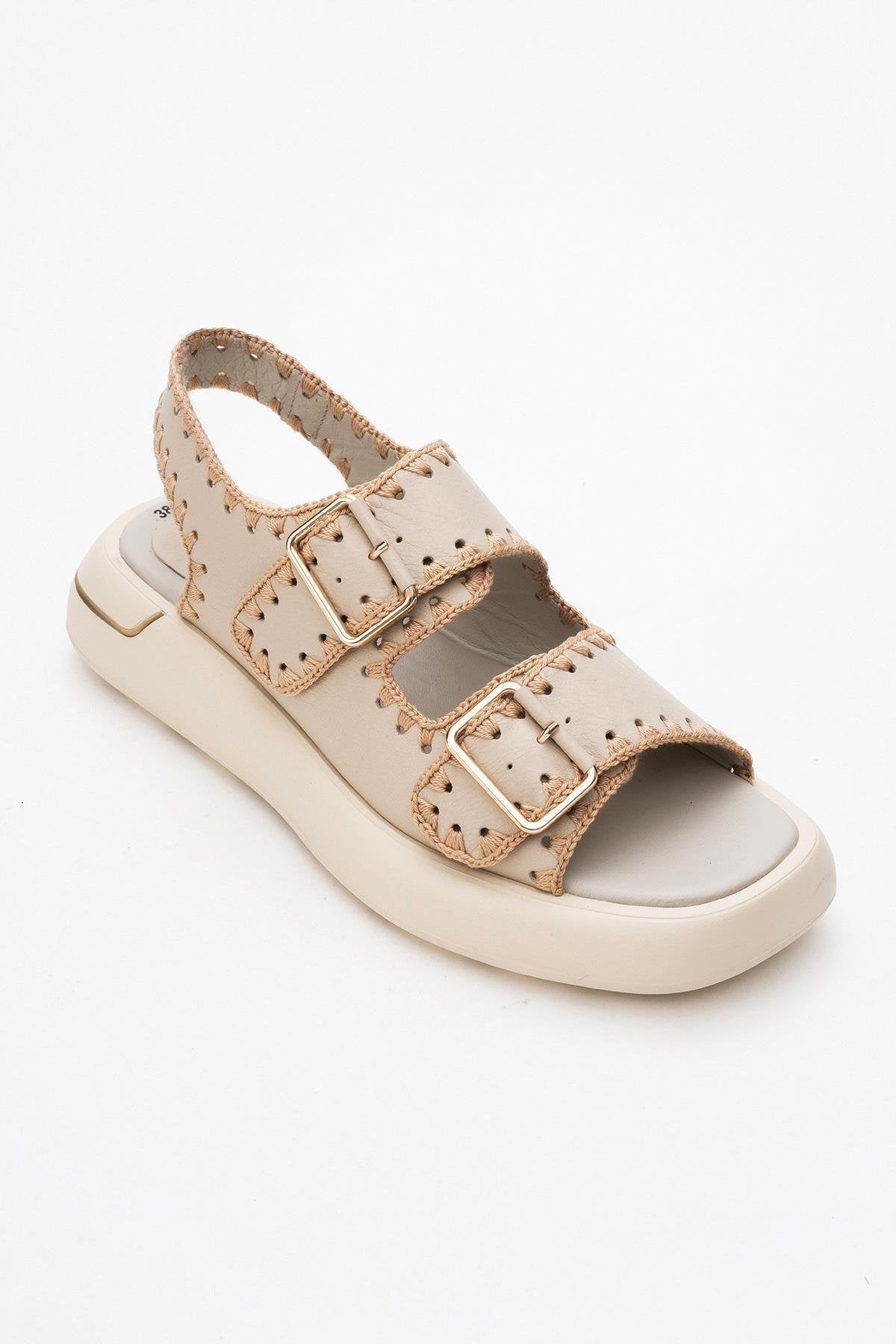 Douro - Beige Braided Rope Strap Leather Sandal – detail view showing leather, Vowalisse