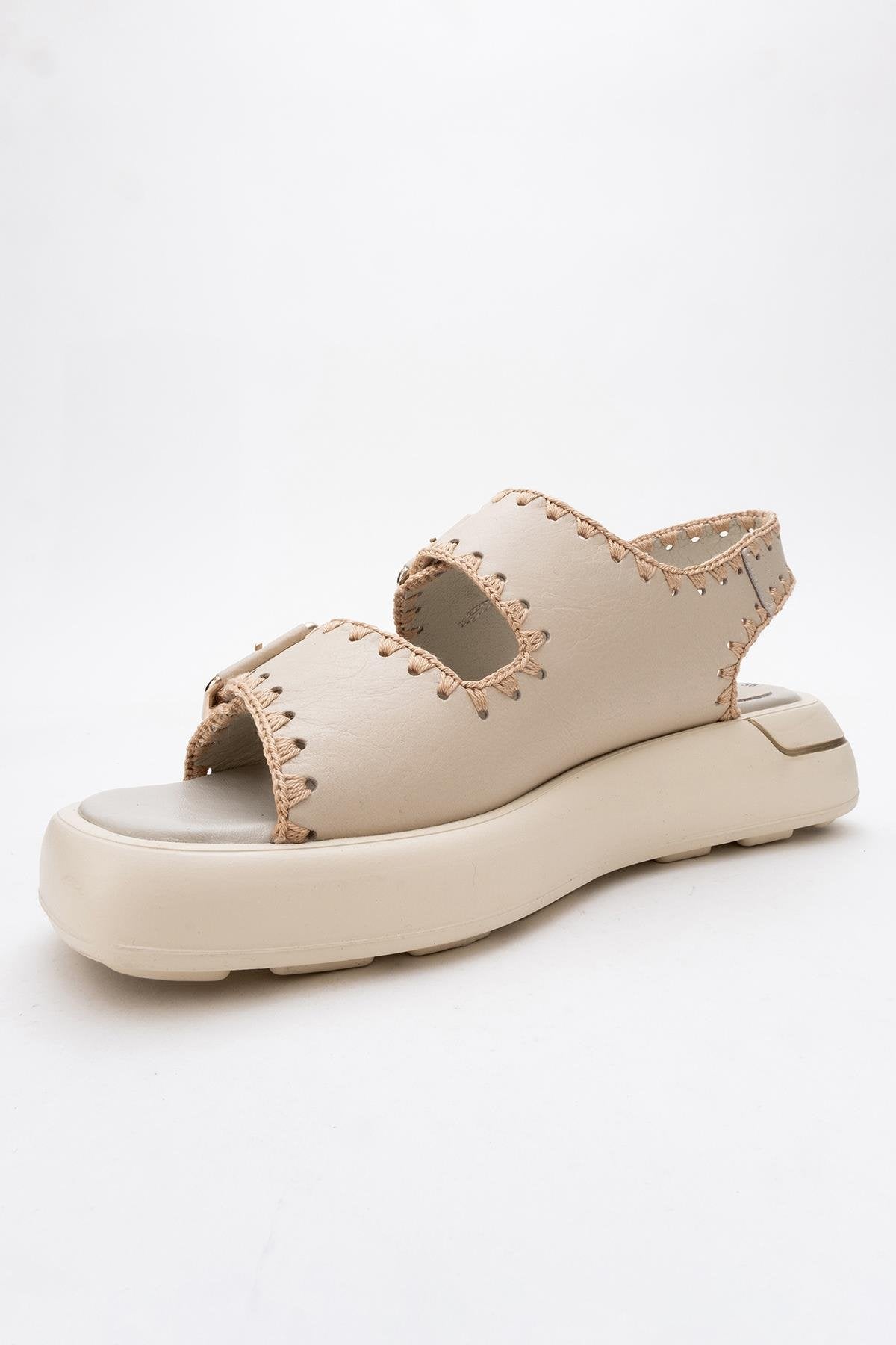 Douro - Beige Braided Rope Strap Leather Sandal – heel view showing leather, Vowalisse
