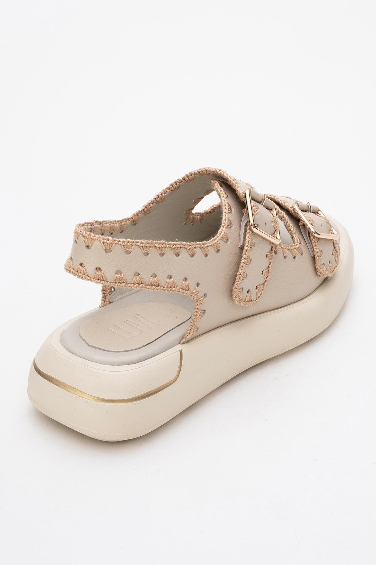 Douro - Beige Braided Rope Strap Leather Sandal – back view showing leather, Vowalisse