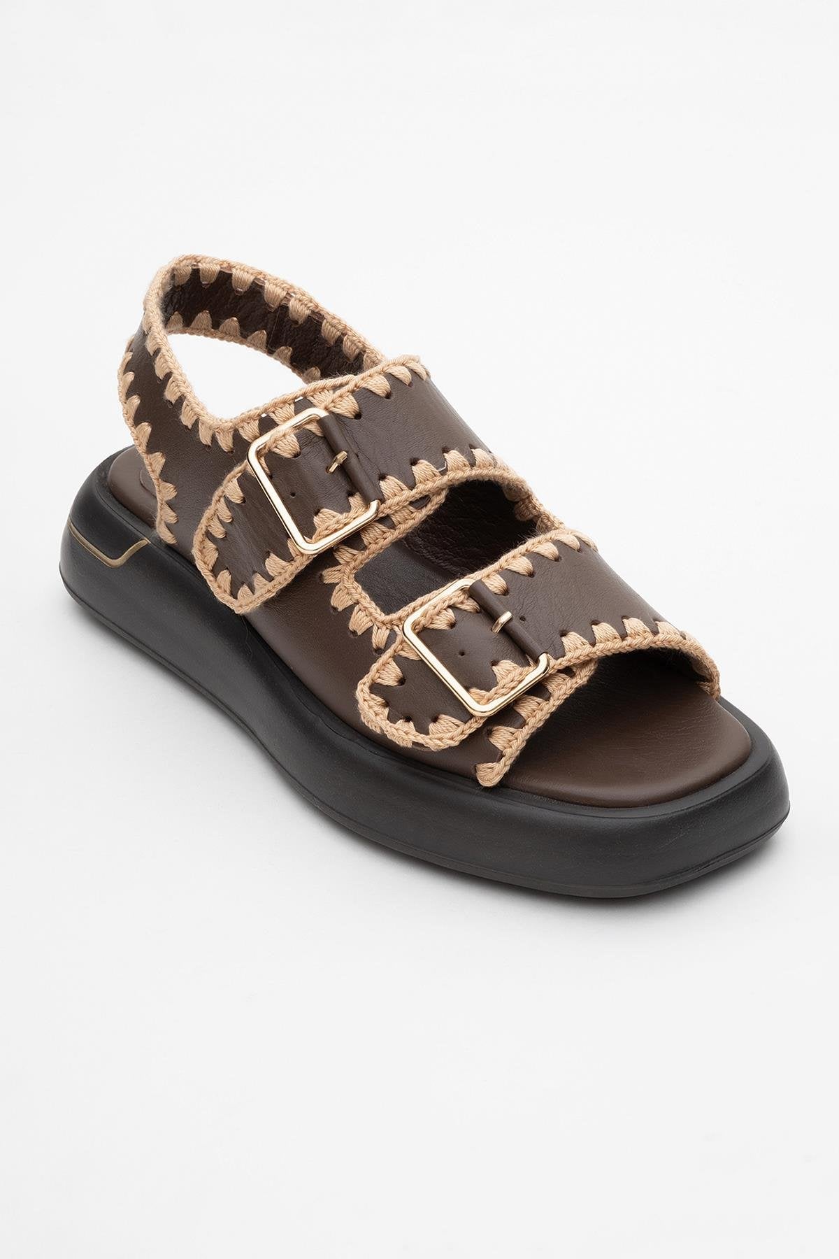 Douro - Brown Braided Rope Strap Leather Sandal – detail view showing leather, Vowalisse
