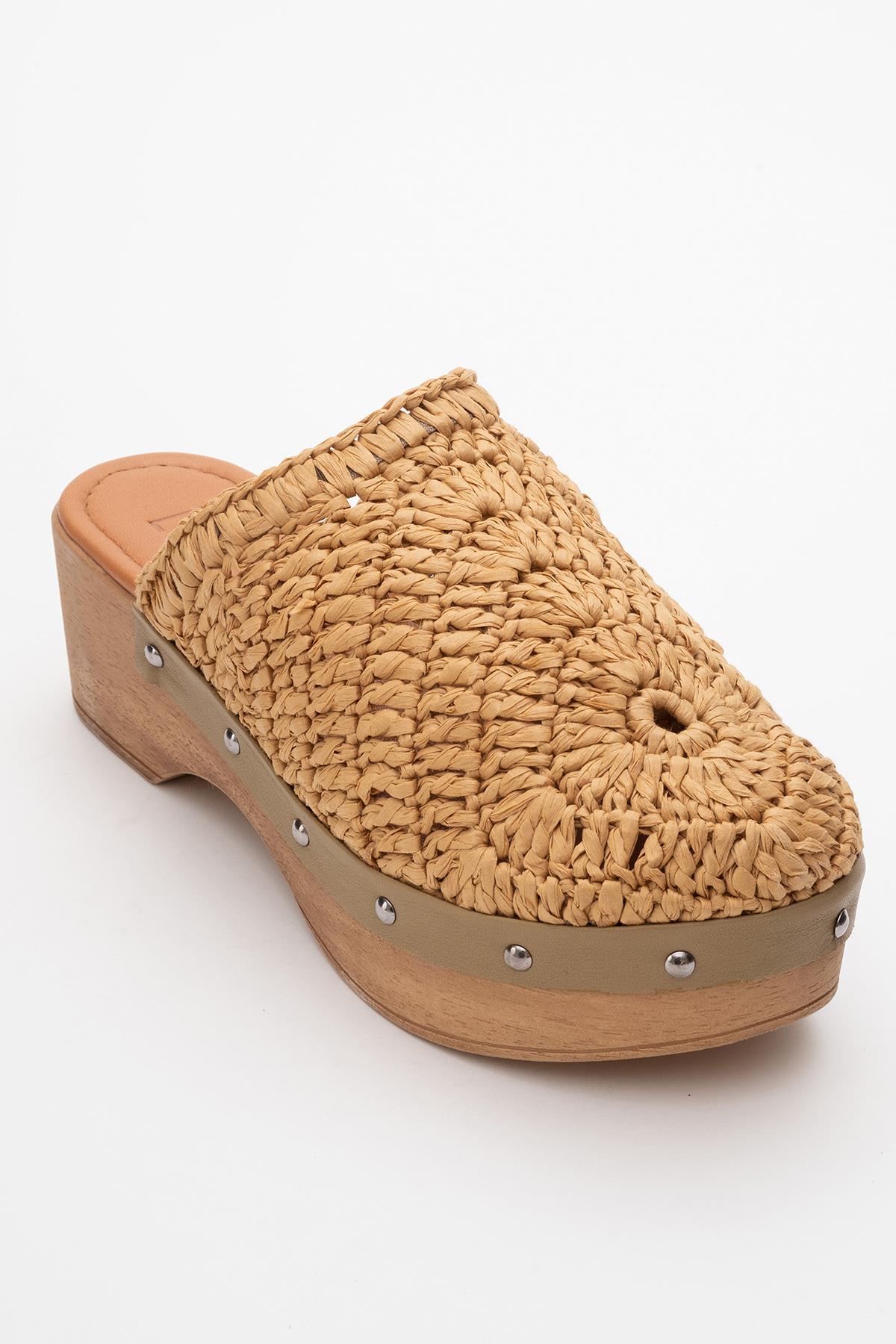 Cooper - Cognac Brown Braided Wedge Sandal – detail view showing leather, Vowalisse
