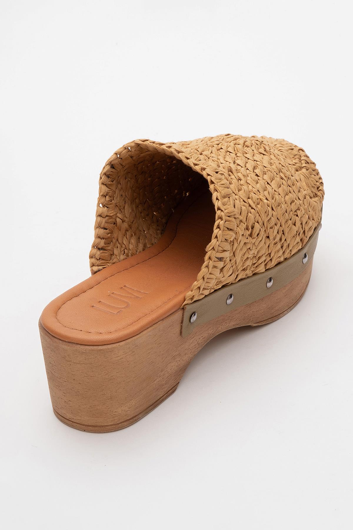 Cooper - Cognac Brown Braided Wedge Sandal – heel view showing leather, Vowalisse
