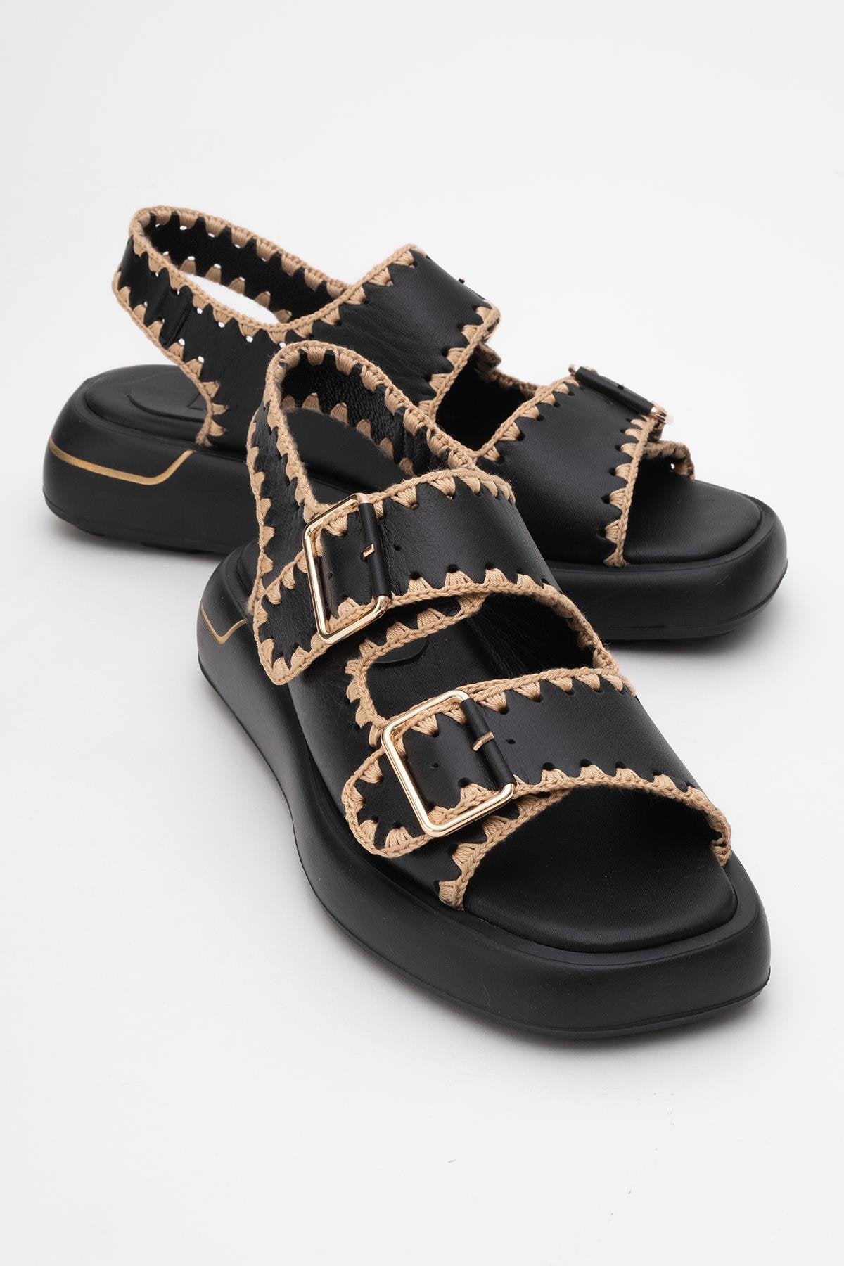 Douro - Black Braided Rope Strap Leather Sandal – front three-quarter view showing leather, black, Vowalisse