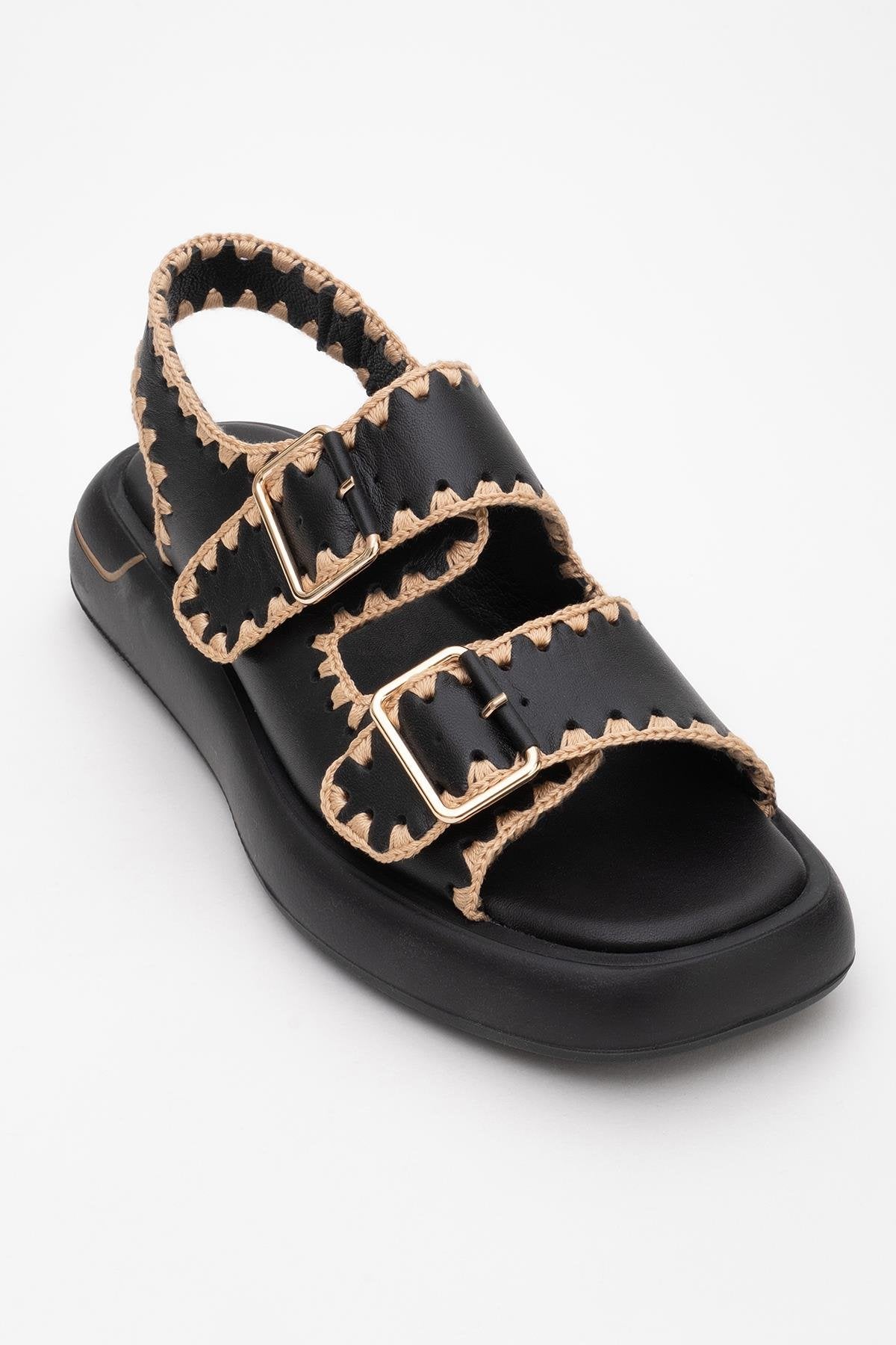 Douro - Black Braided Rope Strap Leather Sandal – detail view showing leather, black, Vowalisse