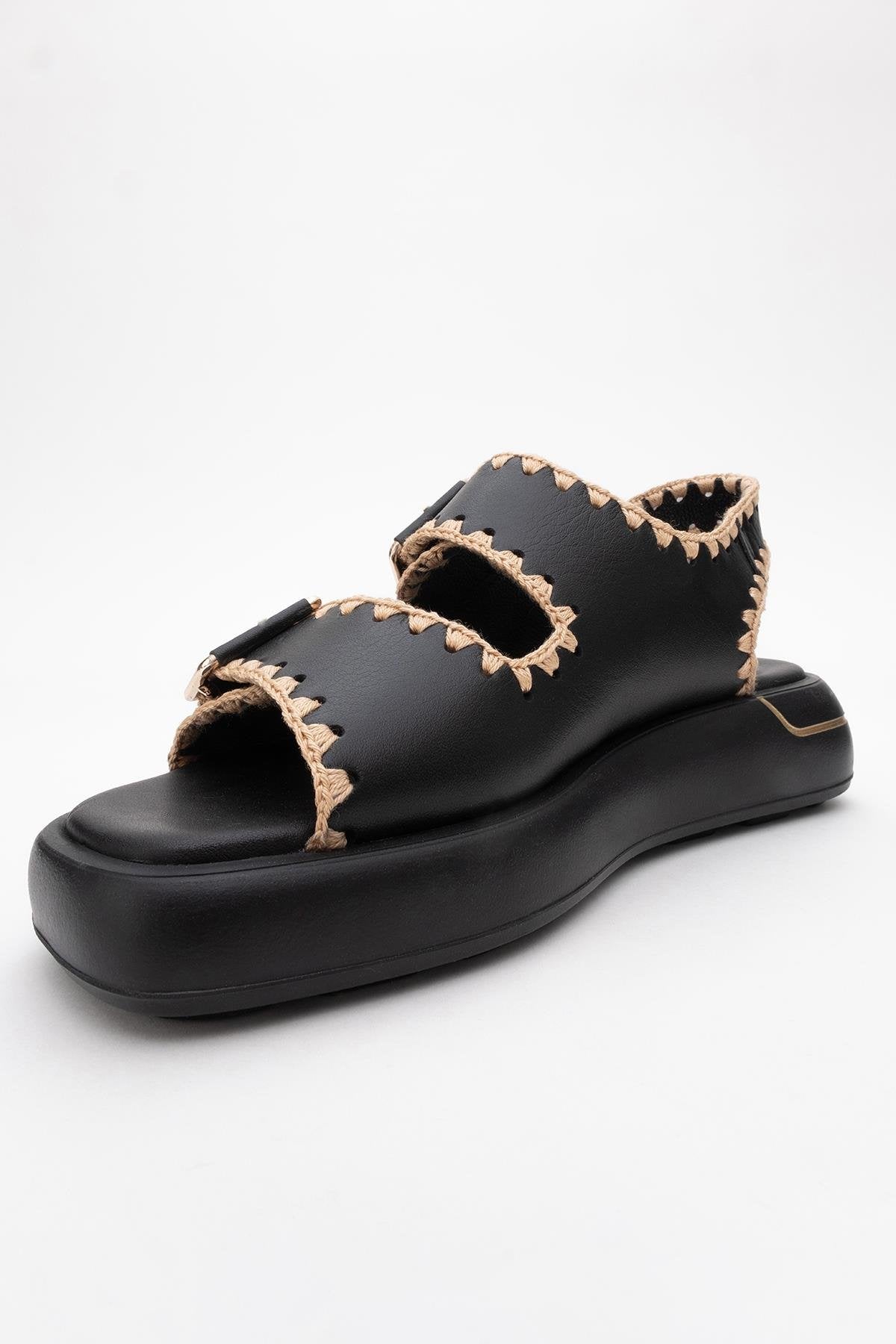 Douro - Black Braided Rope Strap Leather Sandal – heel view showing leather, black, Vowalisse