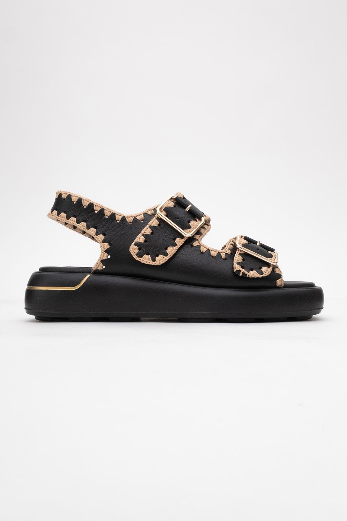Douro - Black Braided Rope Strap Leather Sandal – top view showing leather, black, Vowalisse