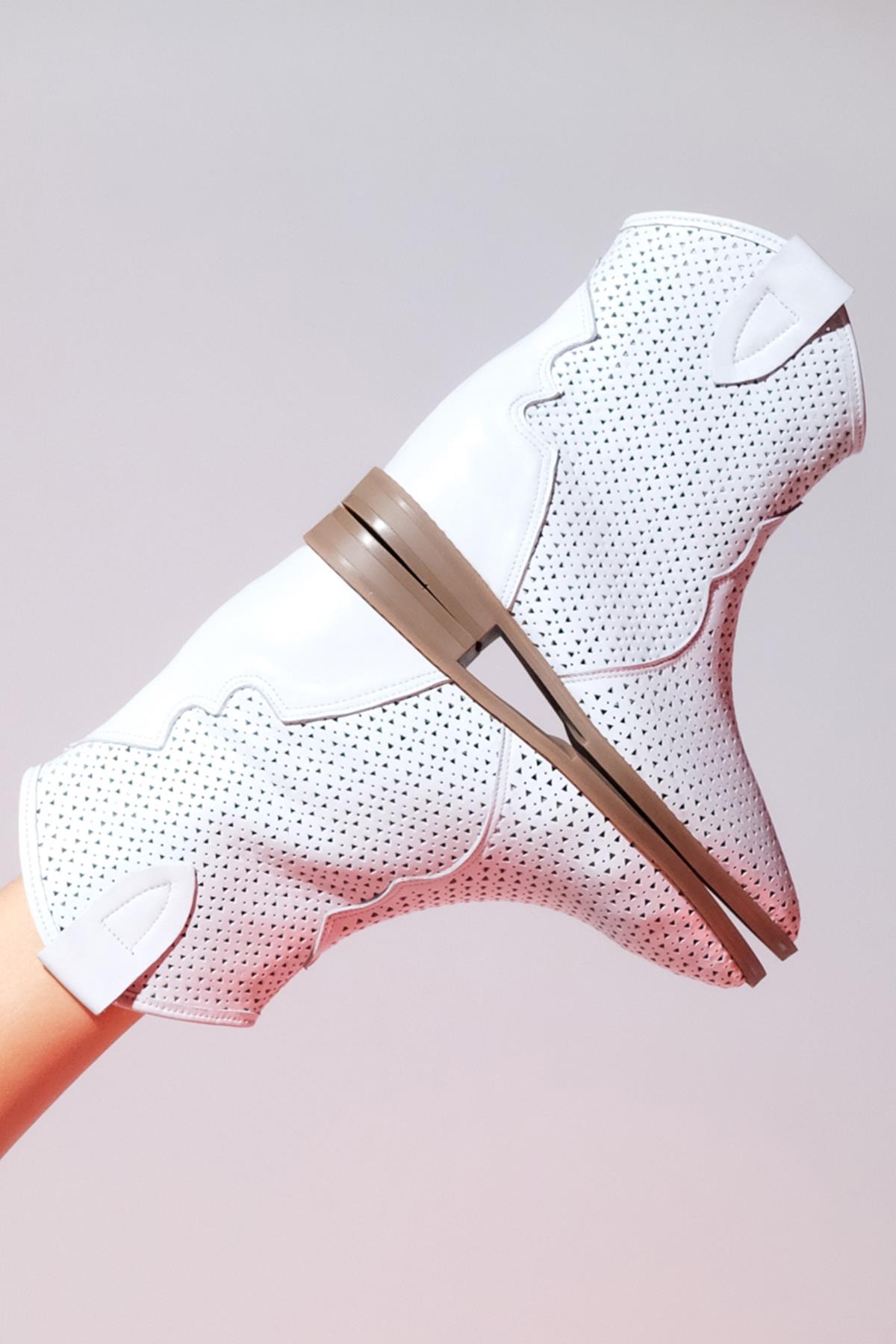 Loivos - White Genuine Leather Perforated Hidden Wedge Summer Ankle Bo – front three-quarter view showing leather, white…